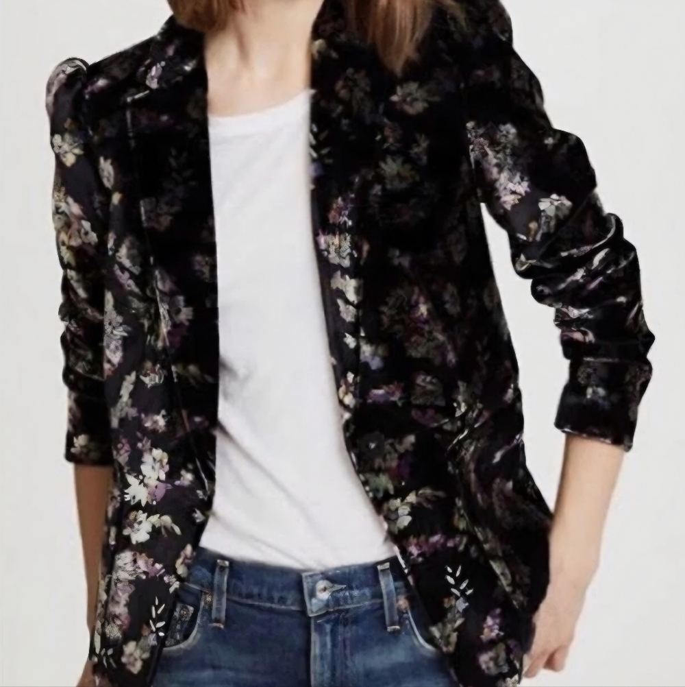 Rebecca Taylor Jewel Black Feminine Velvet Floral Blazer Purple Accents